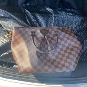Brown Checkered Tote with Leather Trim